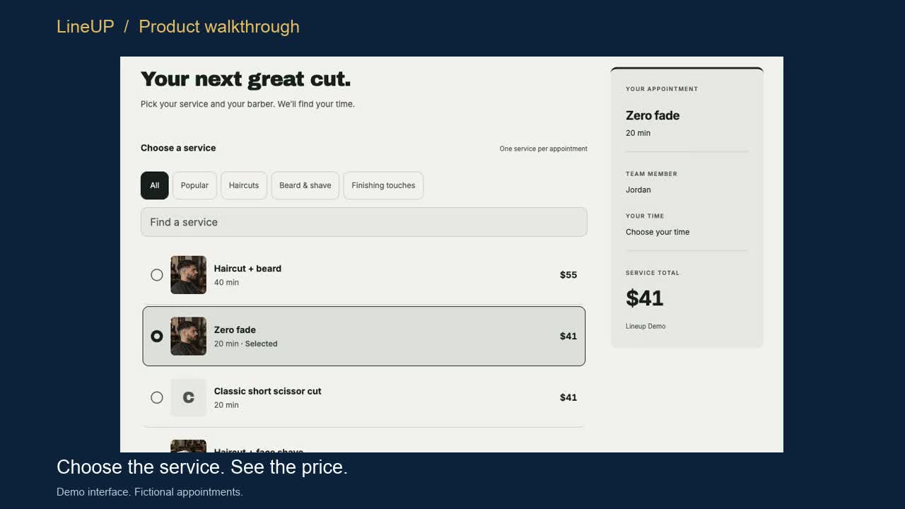 LineUP booking widget walkthrough, choosing a service and seeing the price