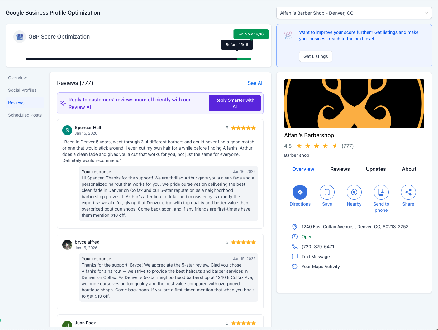 AI SEO and Google Optimization Google Business Profile Optimization dashboard showing GBP score optimization and review management