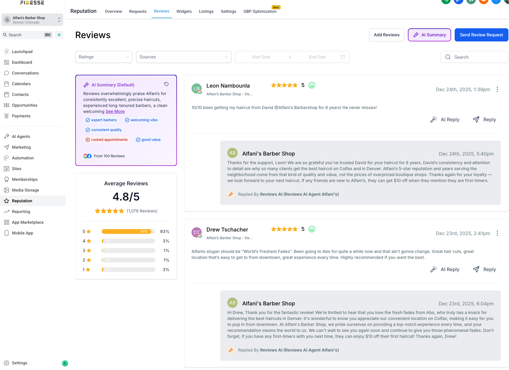 Reputation Manager AI-powered reputation dashboard showing Google reviews and business analytics