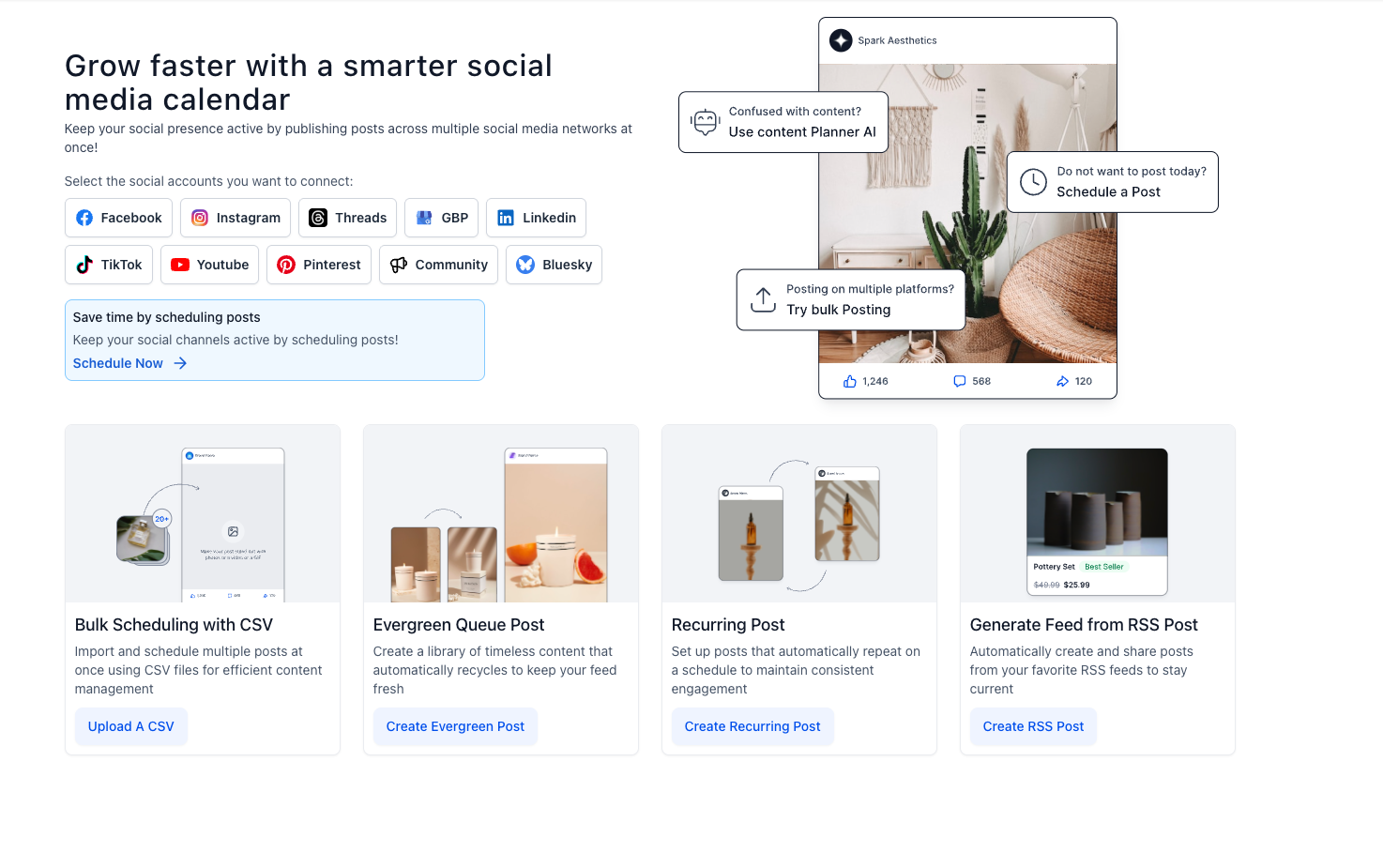Social Media Planner Social media planner dashboard with multi-platform scheduling for Facebook, Instagram, TikTok, and more