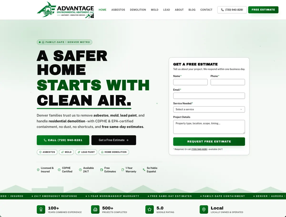 Advantage Environmental Abatement website screenshot